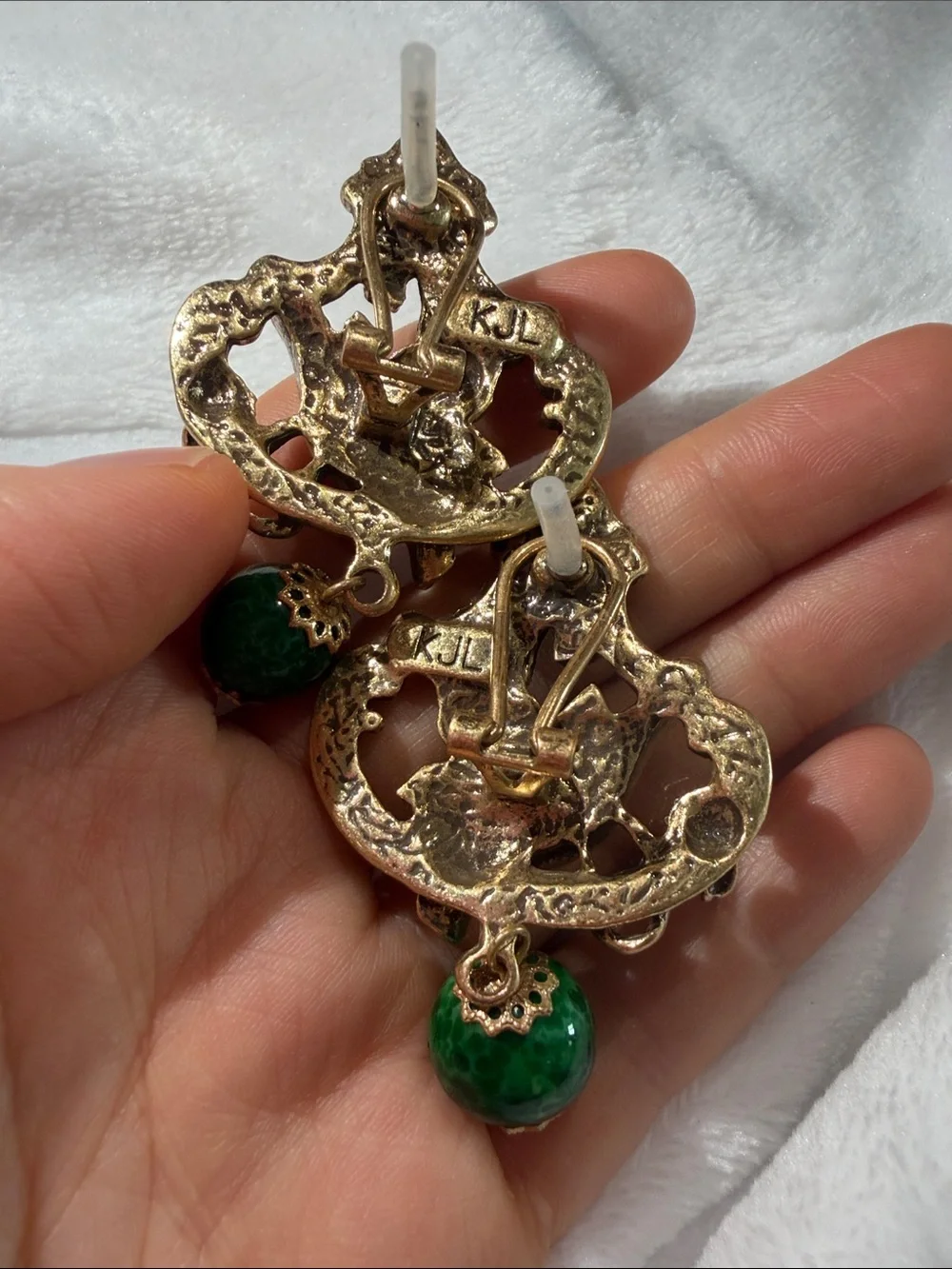 Kenneth Jay Lane Gold Floral Drop Earrings with Emerald Green Beads - Picture 4 of 5